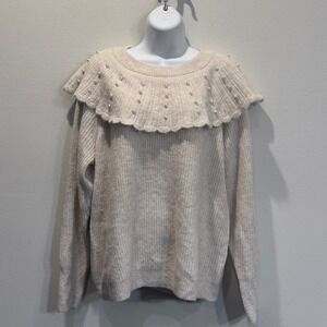 Cato Women's Cream Pearl Embellished Ruffle‎ Collar Sweater Size Medium